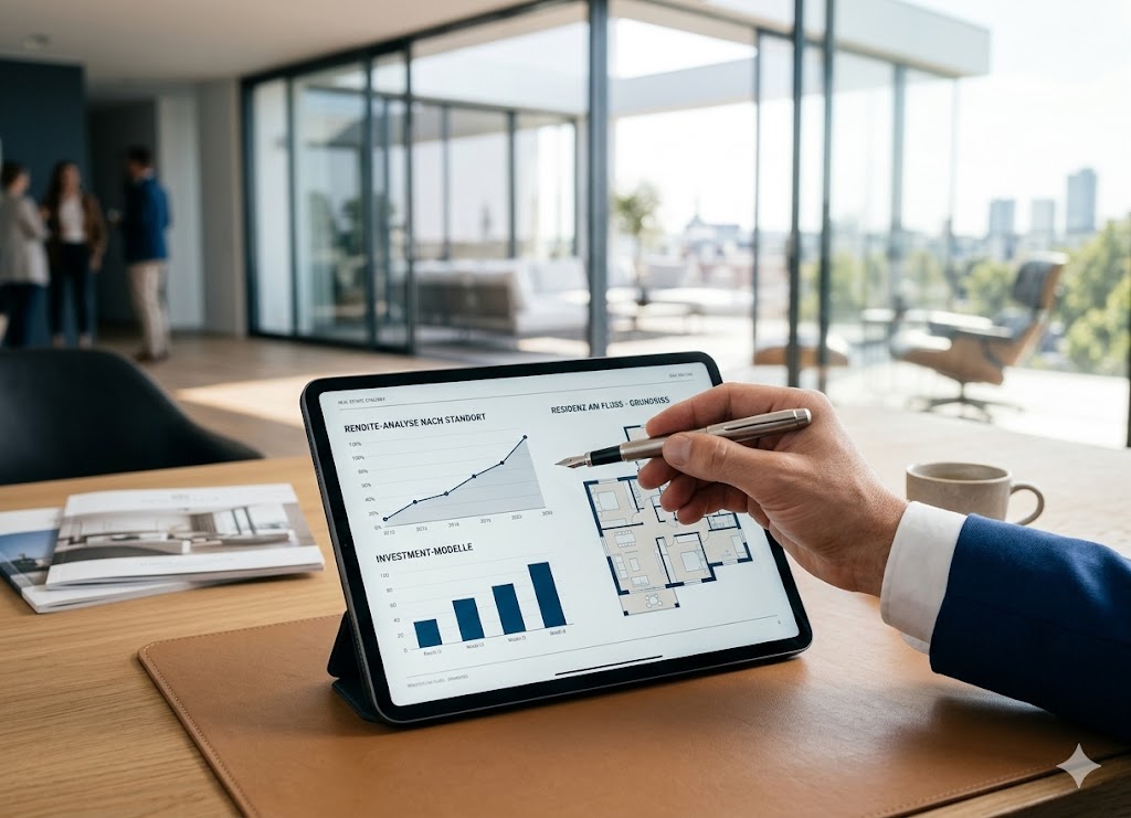 Nahaufnahme einer professionellen Immobilien-Strategieberatung: Eine Hand mit einem eleganten Stift zeigt auf ein Tablet, das eine Rendite-Analyse und einen Grundriss darstellt. Der Schreibtisch ist aus hellem Echtholz, im Hintergrund ist ein lichtdurchflutetes, modernes Büro mit Glasfronten und Stadtblick zu sehen. Die Atmosphäre wirkt hochwertig, analytisch und zukunftsorientiert.