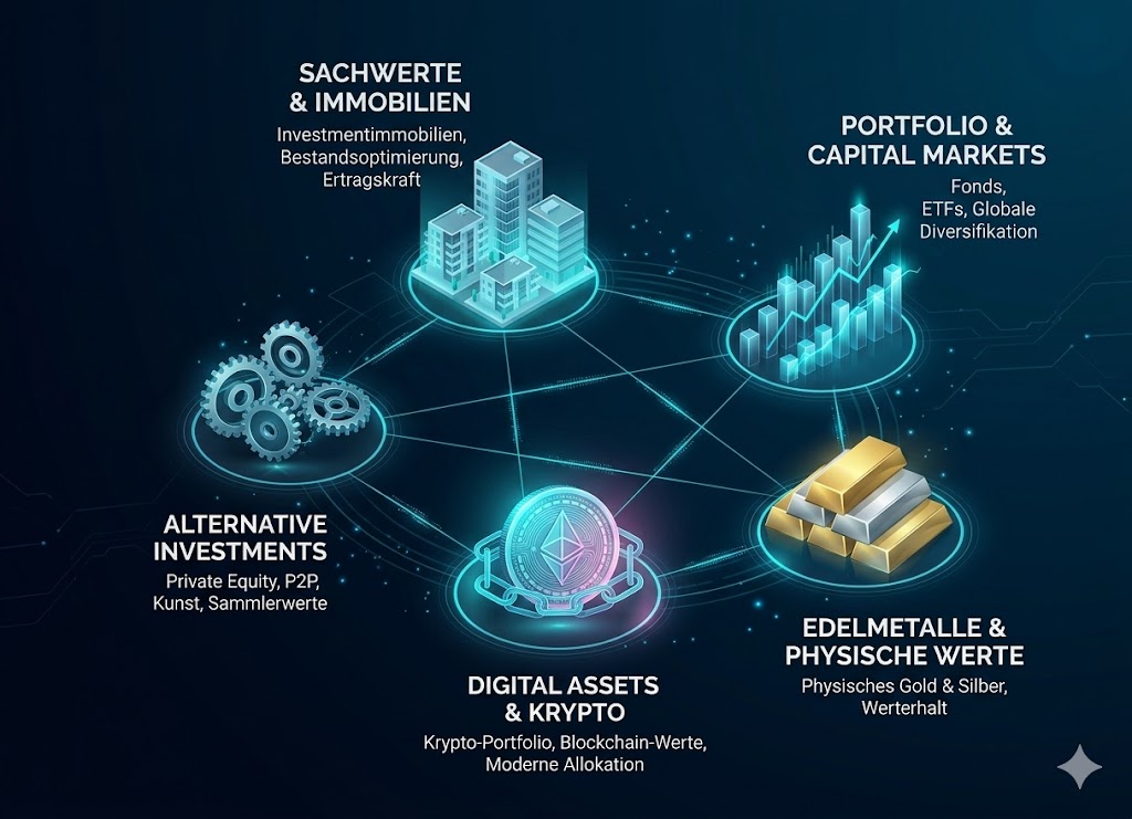Moderne Wealth Management Infografik im FINCONIQ-Design auf dunkelblauem Hintergrund. Ein vernetztes Ökosystem aus fünf leuchtenden Asset-Klassen-Knotenpunkten: Sachwerte & Immobilien, Portfolio & Capital Markets, Edelmetalle & physische Werte, Digital Assets & Krypto sowie Alternative Investments. Die Bereiche sind durch dynamische, cyanfarbene Lichtlinien verbunden, die ein ganzheitliches, strategisches Finanzportfolio symbolisieren.